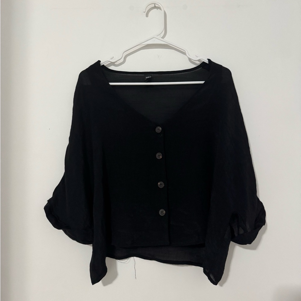 SHEIN Black V-Neck Buttoned Blouse